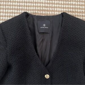 Anine Bing Black Cropped Bouclé Blazer Cardigan Gold Crest Buttons Luxe Knitwear
